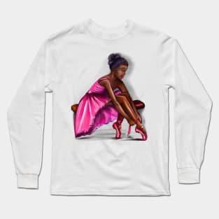 ballerina getting ready to dance, lacing her ballet shoes - brown skin ballerina. Top 10 Best ballerina gifts. Top 10 gifts for black women Long Sleeve T-Shirt